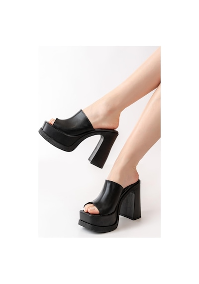Asmi Shoes Kadın Geniş Bantlı 12cm Ortapedik Platform Terlik Siyah Siyah
