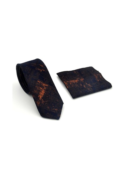 Gaffy Bej Kahverengi Desenli Lacivert Dokuma Kumaş Mendilli Slim Fit Kravat // Sdk-2608-6 Bej