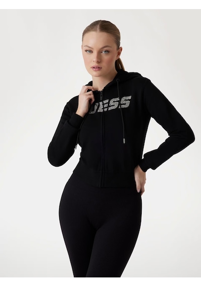 Guess Logolu Yapay Elmas Taşlı Kapüşonlu Kadın Sweatshirt V5gq10kcrp0 Siyah