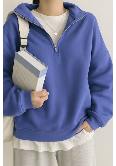 Ghassy Co. Kadın Pamuklu Oversize Silver Yarım Fermuarlı Sweatshirt Açık Mavi