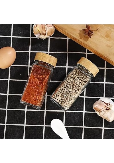 Cam Baharatlık Seti, 12 Adet, Bambu Kapaklı, Etiketli Diğer