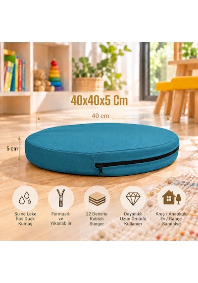 Kreş Anaokulu Yuvarlak Oyun Minderi Aktivite Minderi 40x40x5 Cm - Sandalye Minderi - Bahçe Dekor Minderi Yuvarlak Minder Petrol Mavi