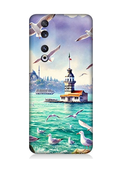 Huawei Honor 90 Uyumlu Martılar Arasında Kız Kulesi Desenli Silikon Kılıf Çok Renkli