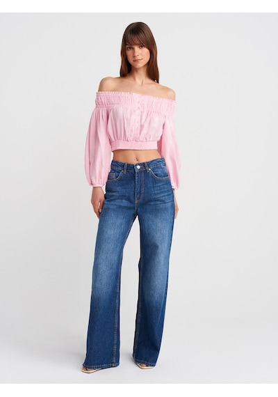 Dilvin 50258 Omuzları Açık Düğmeli Top-açık Pembe Açık Pembe