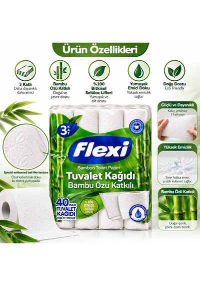 Flexı Bamboo 40 Rulo 3 Katlı Bambu Özlü Tuvalet Kağıdı