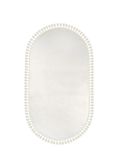 Puffy Gri Oval Örgü Saçaklı Peluş Yumuşacık Yıkanabilir Kaymaz Taban Halı Salon Oturma Odası Beyaz