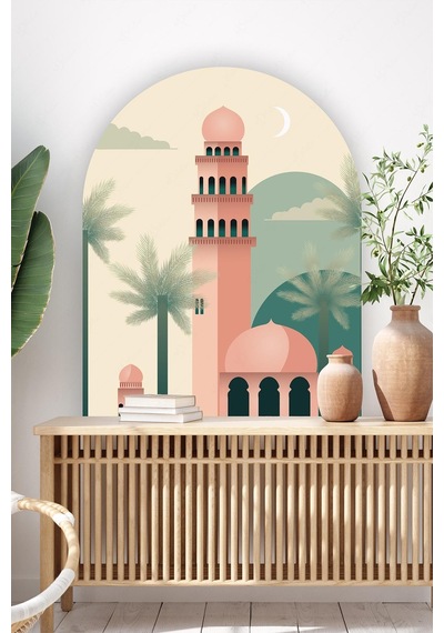 Sanatsal Çizim İle Oluşturulmuş Vintage Suluboya Cami Resmi Sticker, Özel Çizim Cami Temalı Sticker