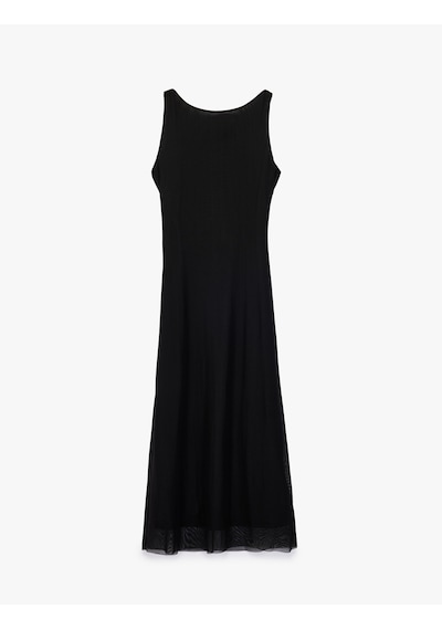 Koton Slim Fit Asimetrik Drapeli Kayık Yuvarlak Yaka Kolsuz Midi Elbise Siyah 6sak80074uk