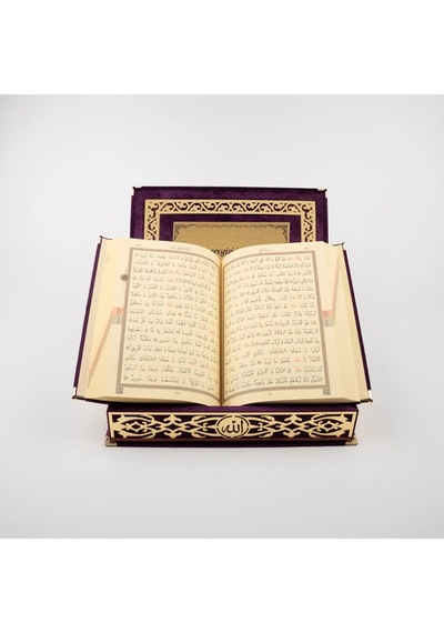 Raşel Kutulu Hediyelik Kuran-ı Kerim Orta Boy, Mor, Elif-vav Gold Pleksi