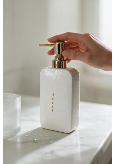 Parlak Yüzey Porselen Sıvı Sabunluk Krem, Gold Pompa 300ml
