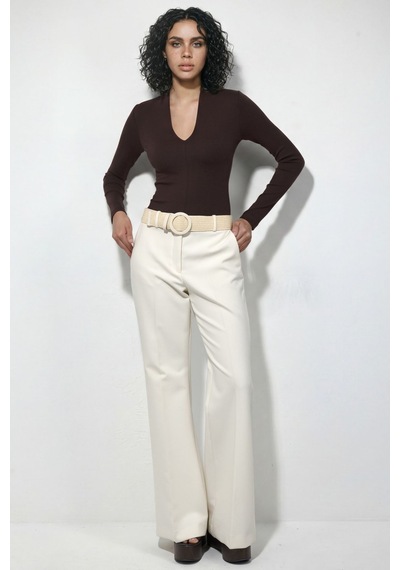 Hiccup Busem Slim Fit V Yaka Uzun Kollu Bluz Kahve Kahvesi
