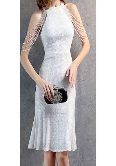 Hanife Glam Couture Hanife Glam Boncuk Detaylı Pulpayet Abiye Elbise Beyaz