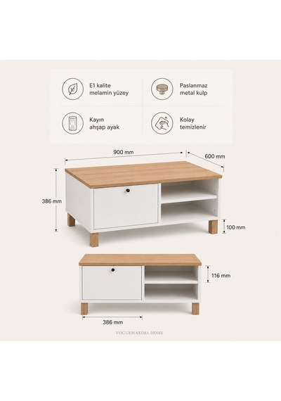 The Voguemaxima Livenza Kapaklı Kayın Ahşap Ayaklı Orta Sehpa 90 60 38,6 Cm Beyaz