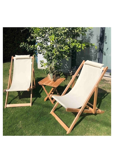 Reyo Bysay Ahşap Katlanabilir Taşinır Şezlong Plaj Bahçe Teras Balkon Sandalyesi 3'lü Takım Krem