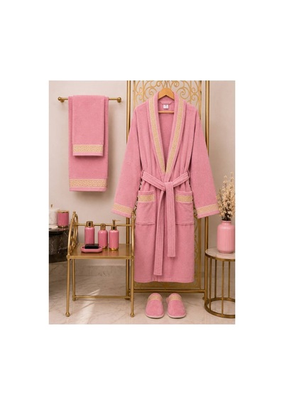 Premium %100 Pamuk Unisex Şalyaka Cepli Bornoz Seti 4 Parça Havlu Terlik Takımı Pembe Pembe