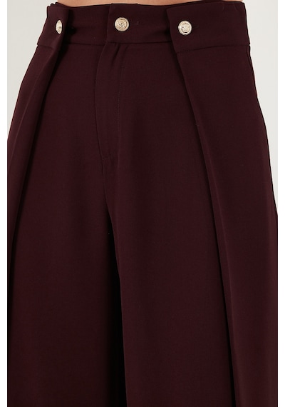 Lela Düğmeli Pile Detaylı Wide Leg Yüksek Bel Geniş Paça Bayan Pantolon 68351133 Mürdüm