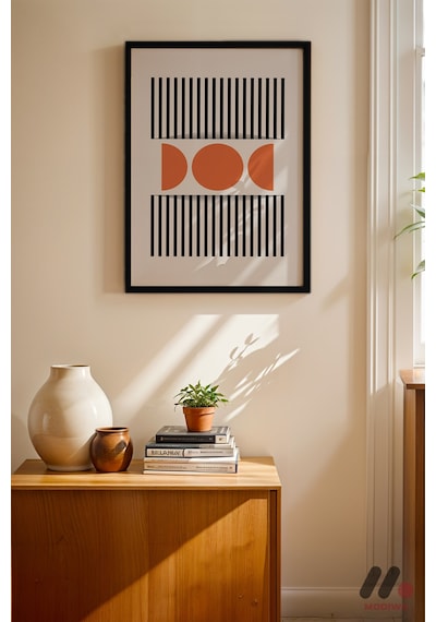 Bauhaus Çizgi Ve Daire Deseni, Siyah Çerçeveli Duvar Tablosu - Modern Ev Dekorasyonu