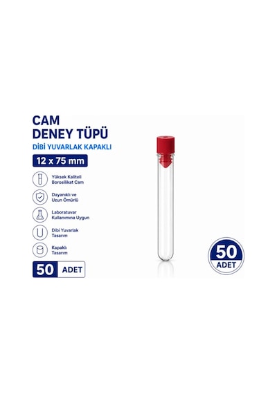 12x75 Mm Cam Deney Tüpü Dibi Yuvarlak Kapaklı 50 Adet Laboratuvar Test Tüpü