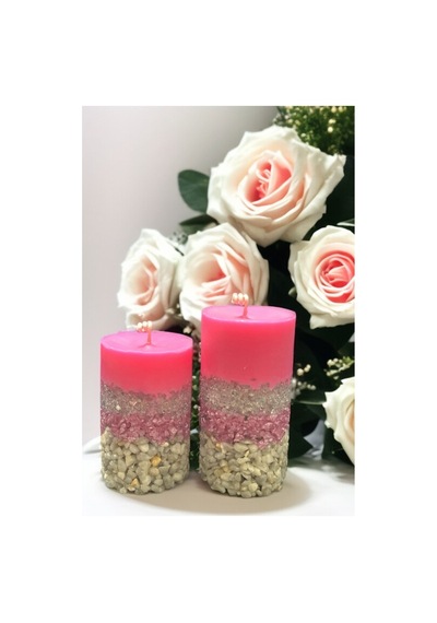 Dekoratif Taşlı Pembe Mum 2 Li Özel Tasarım