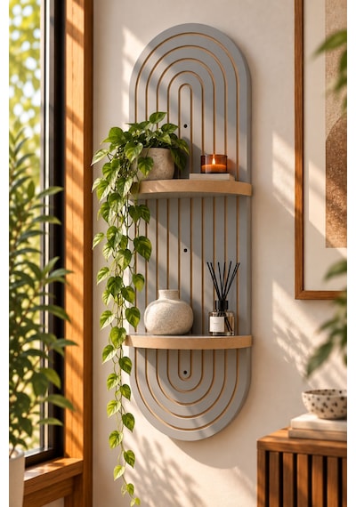Luna Ahşap 2 Katlı Modern Duvar Rafı 85x30 Açık gri