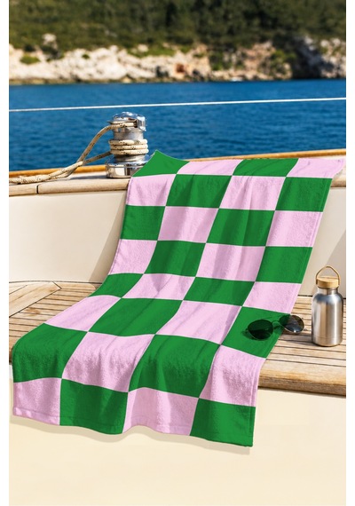 Damalı Kareli Pembe Yeşil Plaj Havlusu - Modern Geometrik Havuz Deniz Hızlı Kuruyan Mikrofiber Havlu Köpük Esinti