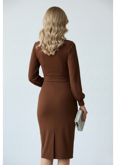Defymoda Kadın Klasik Kesim Manşetli Elbise Kahverengi