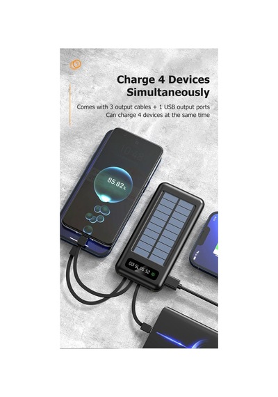 20000 Mah Solar Powerbank Güneş Enerjili Usb Çıkışlı Kablolu Led Işıklı Taşınabilir Şarj siyah