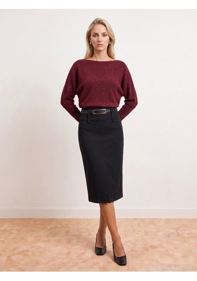 Dilvin 10860 Kayık Yaka Pullu Triko Kazak-bordo
