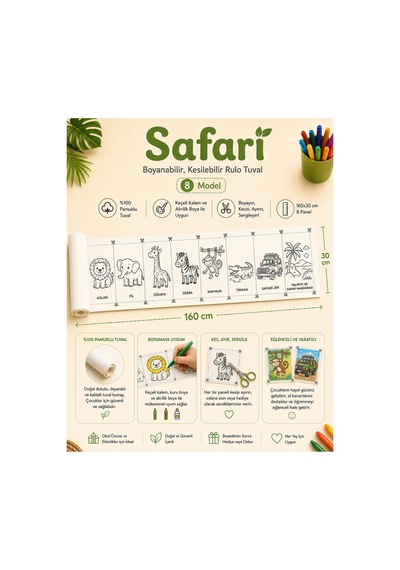 Boyanabilir Kesilebilir Rulo Tuval Safari 8 Model Eğitici Çocuk Boyama Seti 160x30 Cm