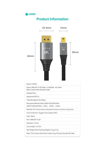 Mini Displayport To Displayport 1.4 Kablosu 3 Metre - 8k 60hz / 4k 144hz Görüntü Aktarıcı Kablo