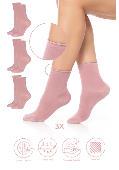 Saysez Bambu Kadın Lastiksiz Pembe Soket Dikişsiz Premium Çorap 3'lü Pkt Pembe