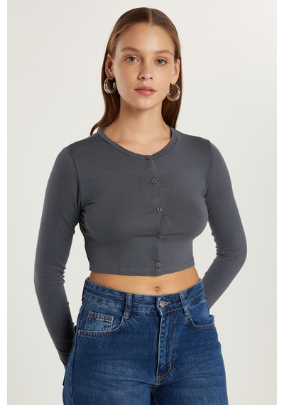 Tudors Kadın Slim Fit Dar Kesim Uzun Kollu Bisiklet Yaka Antrasit Hırka-34092 Antrasit