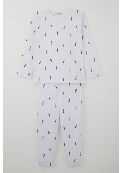 Breeze Erkek Çocuk Pijama Takımı Uçan Mavi Tüy Desenli 4-8 Yaş, Beyaz Beyaz