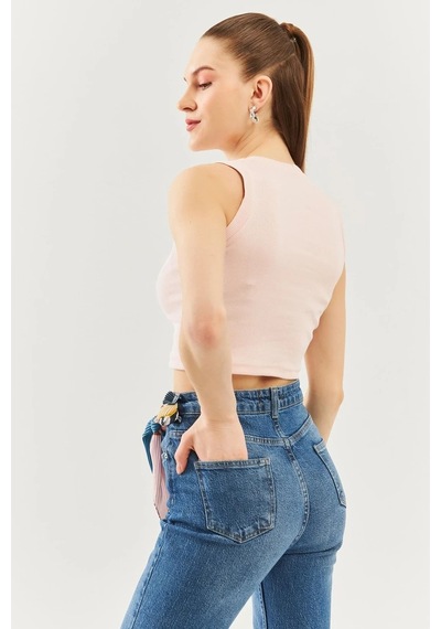 Butikgiz Kadın Sıfır Kol Bisiklet Yaka Vücuda Oturan %100 Pamuklu Kaşkorse Esnek Crop Bluz Pudra