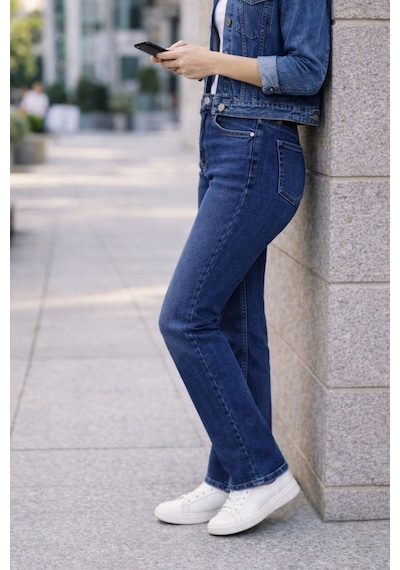 Cedy Denim Kadın Boru Paça Yüksek Bel Regular Fit Likralı Pantolon Mavi