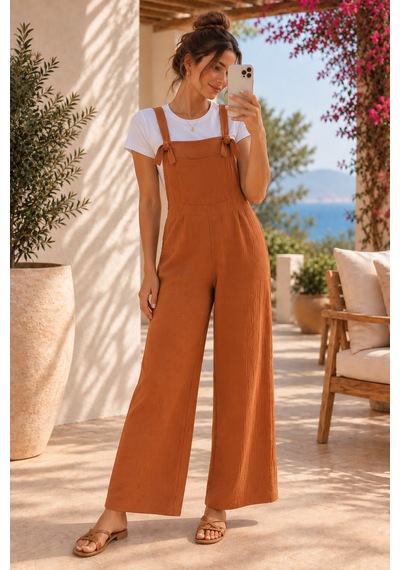 Palena Plnl6141 Doğal Müslin Kumaş Yumuşacık Salopet - Camel