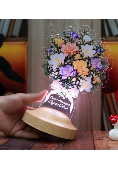 Renkli Frezya Çiçeği Buketi Led Lamba Kadına İsimli Doğum Günü Hediyesi, Işıklı Çiçek Buketi, Arpa Çiçeği Buketi