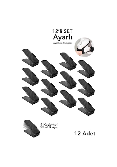 12'li Ayarlanabilir Ayakkabı Rampası - Yükseklik Ayarlı Ayakkabı Düzenleyici Dolap İçi Organizer Siyah