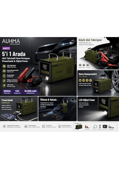 Auhma A8833 Haki 16.000 Mah 5'i 1 Arada Akü Takviye Cihazı Şarjlı Hava Kompresörü Powerbank Vakum Üfleme Dijital Fener