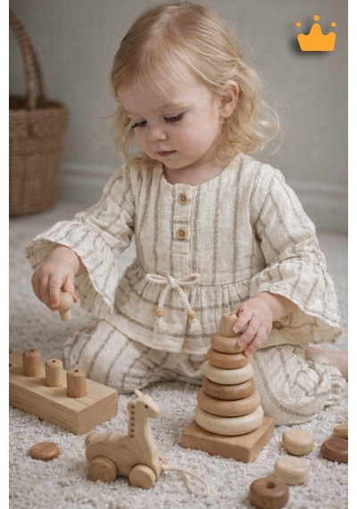 Babyhola Kız Bebek Çocuk Bayramlık Takım Volan Kollu Simli Müslin 2011 Kahverengi