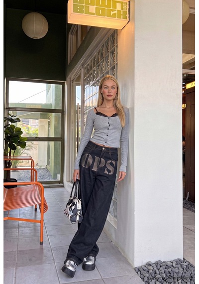 Kadın İndigo Palazzo Taş Baskılı Özel Tasarım Denim Jean Lacivert
