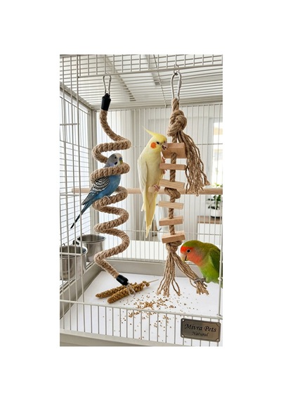 2'li Doğal Ahşap Kuş Oyuncak Seti - 90cm Esnek Tünek Ve Jüt İp Ke