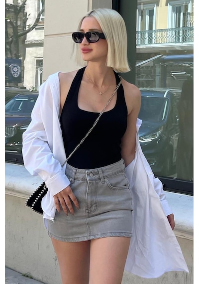 Madmext Siyah Halter Yaka Boyun Askılı Crop Body Mg2146-siyah Siyah
