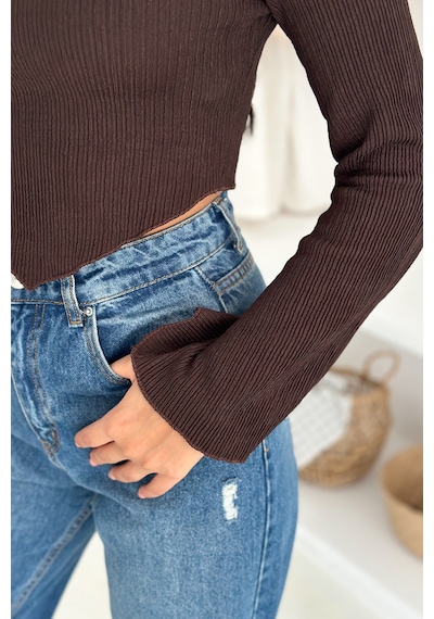 Noa & Noa İspanyol Kol Ribanalı Sivri Etek Uçlu Crop Bluz Modern & Vücuda Oturan Stil Kahverengi Noa & Noa İspanyol Kol Ribanalı Sivri Etek Uçlu Crop Bluz Modern & Vücuda Oturan Stil Kahverengi