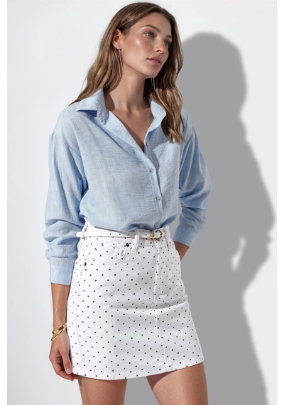 Hiccup Bdart Yüksek Bel Puantiyeli Denim Mini Etek Tozlu Beyaz