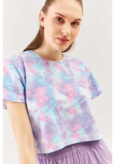 Kadın Rahat %100 Pamuklu Penye Bisiklet Yaka Kısa Kol Basic Crop T-shirt Batik Aqua