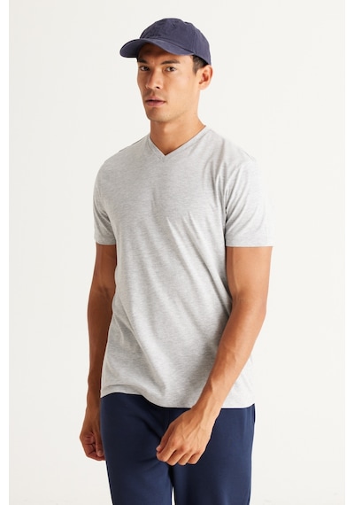 Ac&Co / Altınyıldız Classics Slim Fit Dar Kesim V Yaka Pamuklu Erkek Tişört Gri Melanj