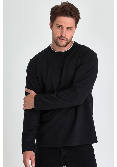 MMetalic MTLCE68 Çift Bisiklet Yaka Standart Rahat Kesim Erkek Sweatshirt - Siyah