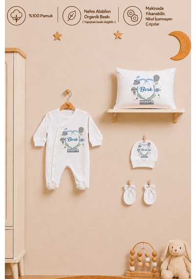Pia Baby Kişiye Özel Erkek Bebek Hastane Çıkışı Tulum Seti %100 Pamuk İsimli Yastık Kılıfı Ve Battaniye 1029tyb0x Ekru
