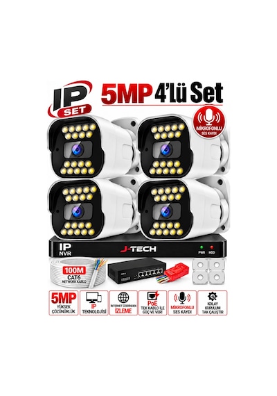 J-tech K1020 5mp Ip Sesli Renkli Gece Görüşlü 4 Lü Akıllı Güvenlik Kamera Seti Yüz Ve Araç Tanıma